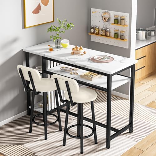 Lamerge Furniture Kitchen Bar Height Table and Chairs for 2, 5-Tier Compact Dining Room Table, White Faux Marble Top and 2 PU Leather Upholstered Seat Black Frame, Modern Dining Set for Home & Office