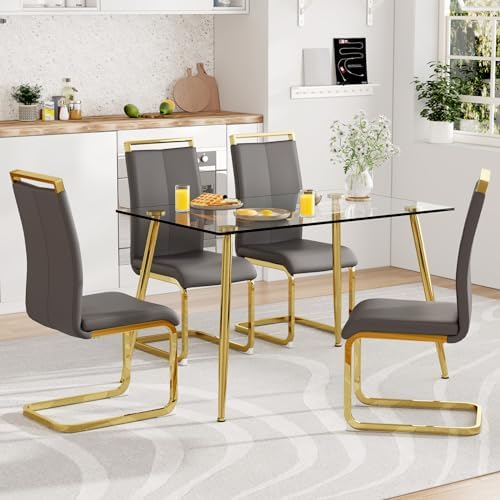 Ebullient Glass Dining Table Set for 4,5 Piece Dining Table and Chairs Set，Modern Kitchen Dining Room Table with 4 PU Leather Chairs,Dinner Table Set