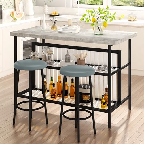 AWQM Kitchen Island with Seating & Storage, Bar Table and Chair Set, Grey