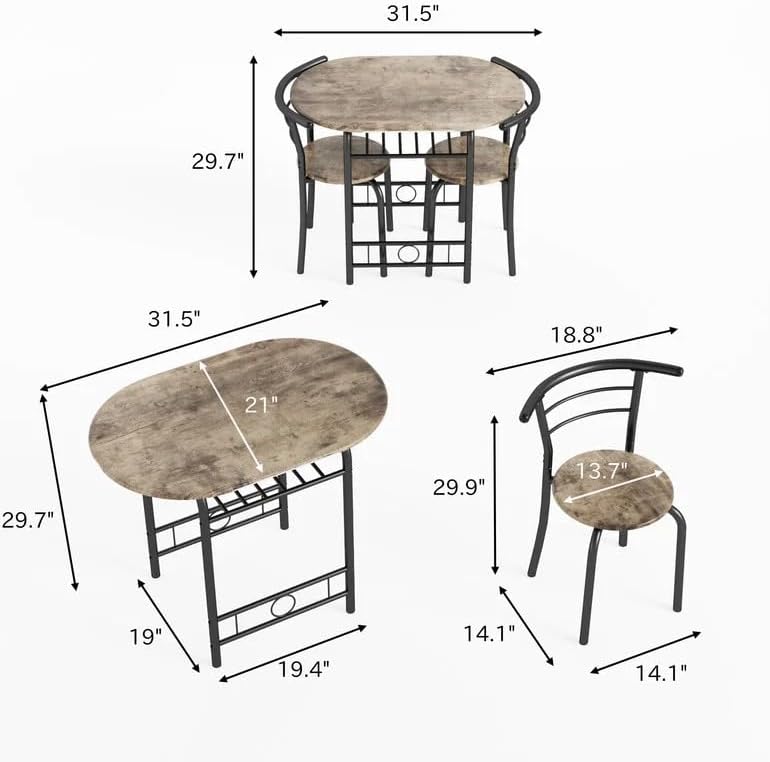 Shahoo 3-Piece Dining Table Set for 2, Kitchen Breakfast Nook Set, Walnut