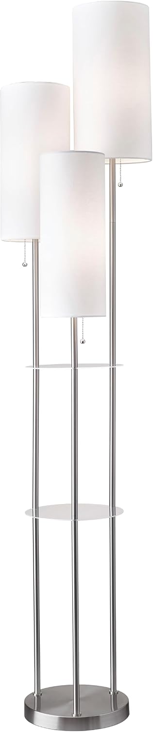 Adesso 3-Light Shelf Floor Lamp, Brushed Steel & White, Storage, 68”