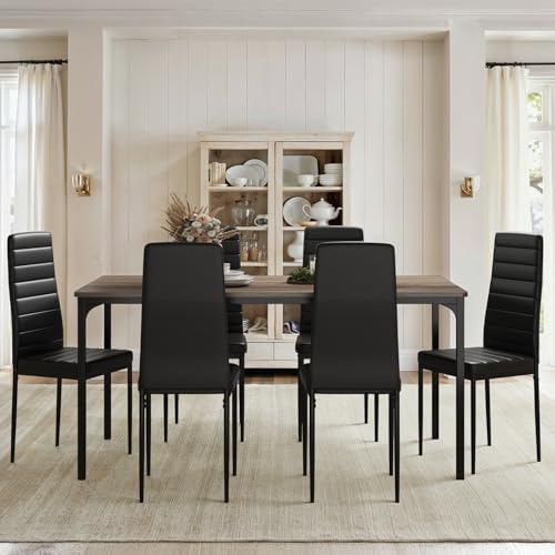 Gizoon 7-Piece Dining Table Set for 6, 63" Kitchen Table & PU Chairs Gray