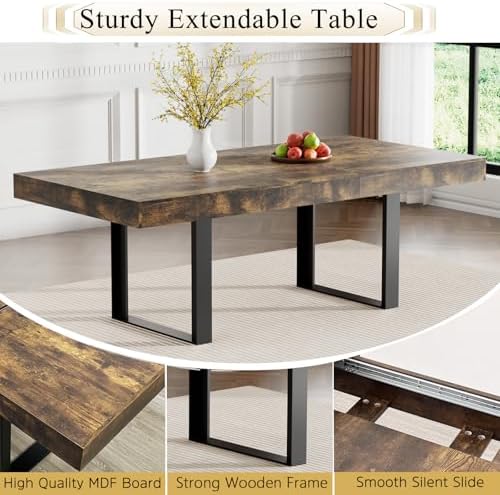 7-Piece Extendable Dining Table Set for 6, 63-78 Inch Rustic Brown Kitchen Table Set with 6 Grey Tufted Chairs Farmhouse Wood Expandable Dining Room Table Set 6 for Kitchen Dining