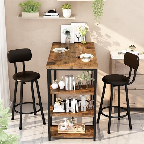 Kitchen Dining Table Set for 2, Bar Table and Chairs Set with 3 Storage Shelves, Tall Dining with 2 PU Leather Backrest Stools for Small Space, Kitchen Island, Apartment, Brown