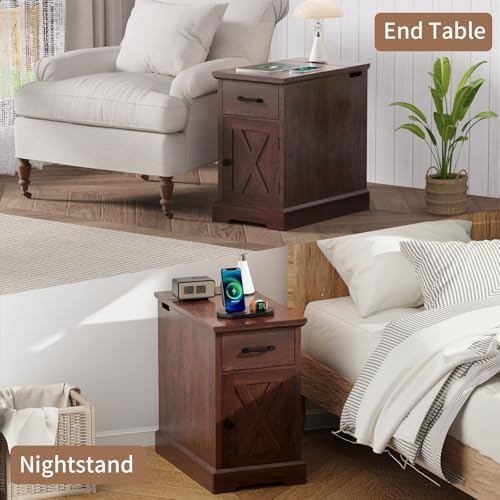 HOMMPA 23.6'' Farmhouse Narrow End Table w/Charging Station Rustic Cherry