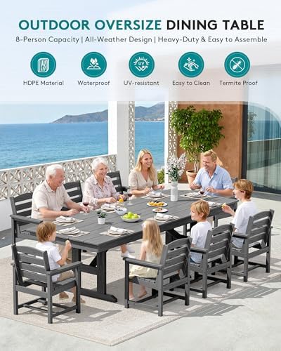 SERWALL 9Pcs 84" HDPE Outdoor Dining Set for 8 with Armchairs,Gray