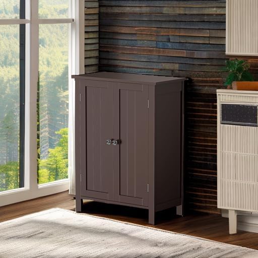SUPER DEAL Modern Bathroom Floor Storage Cabinet with Adjustable Shelf and Do...