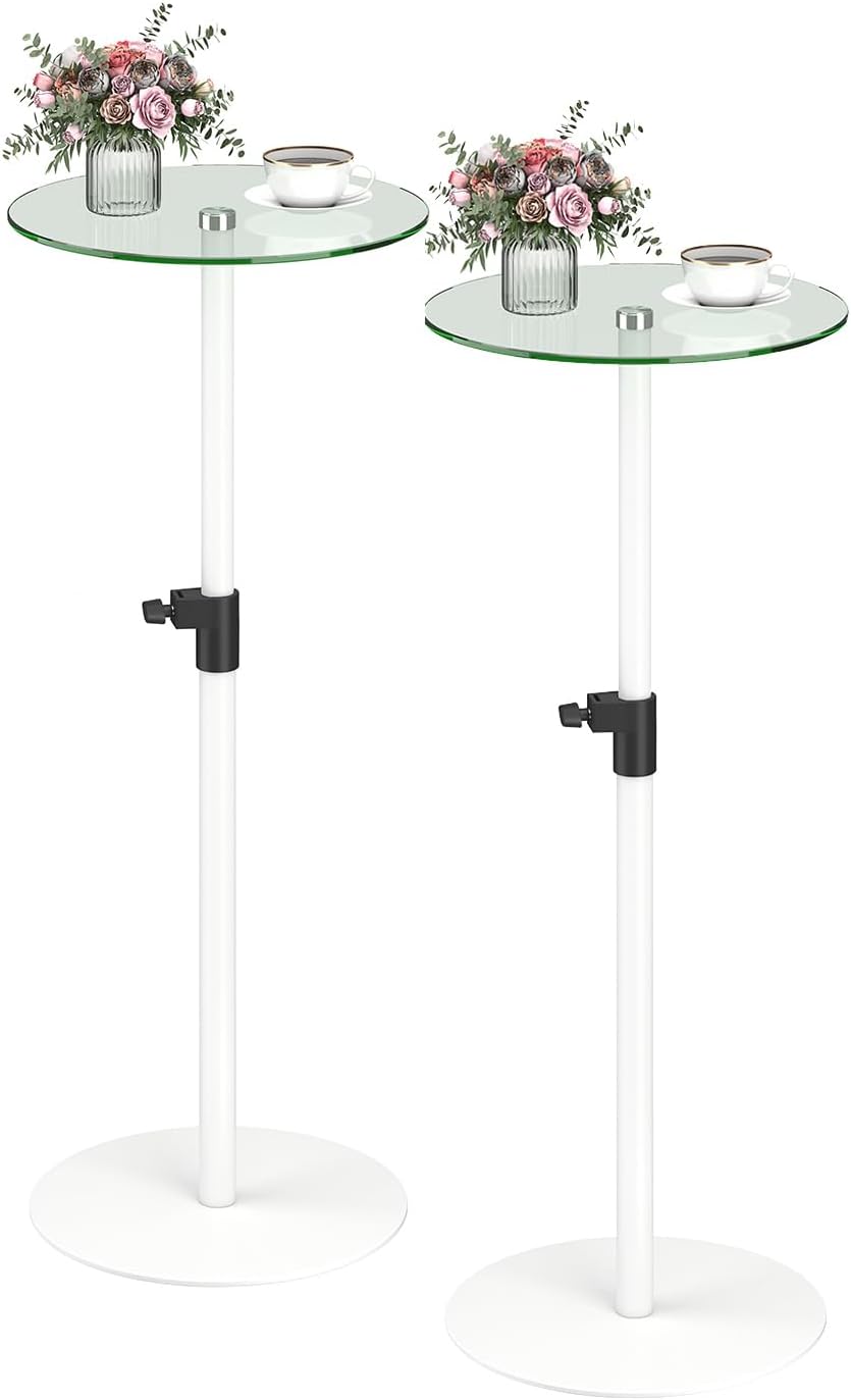 Round Side Table Set of 2, Glass End Table, Round Coffee Table, White