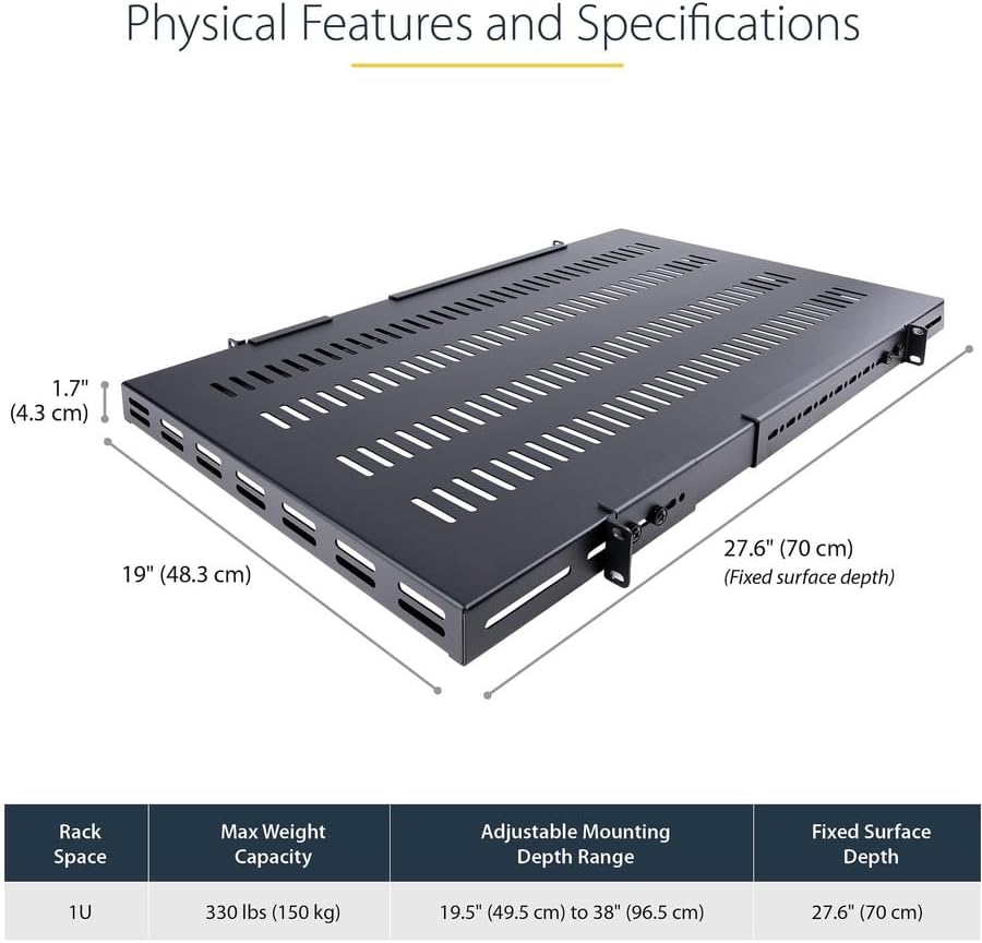 StarTech 1U 4-Post Adjustable Vented Rack Shelf, 330lb, 19in (ADJSHELFHDV)
