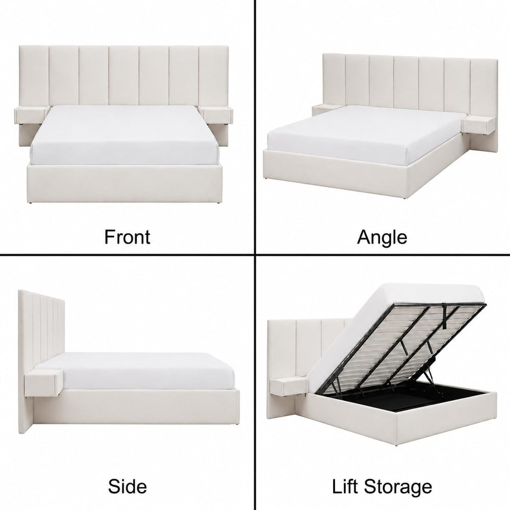 King Size Lift Up Storage Bed Frame with 2 Built-in Nightstands, Beige