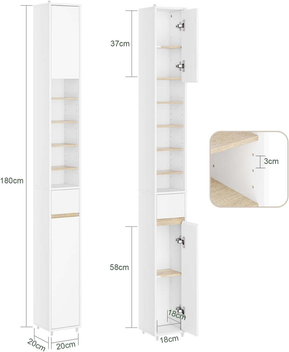 SoBuy Tall Bathroom Storage Cabinet, Narrow, White & Natural