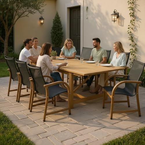 Amazonia Franklin 9-Piece Rectangular Extendable Patio Dining Set Teak Finish and Weather-Net Technology Ideal for Outdoors and Indoors