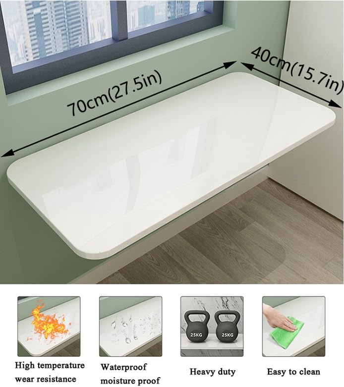 Wall Mounted Folding Table,White Floating Desk for Small Spaces,Stainless Ste...