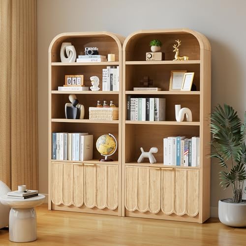 ORRD 70" Tall Arched Bookshelf with Storage Cabinet, Modern 4-Tier Wood Bookcase with Scalloped Doors & Gold Handles, Open Display Shelves for Living Room, Bedroom, or Home Study Office (Natural)