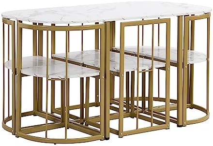 Metal 7 Piece Kitchen Dining Table Set with Chairs for Saving Space Metal Dining Room Table Set for 6 Persons, Golden White