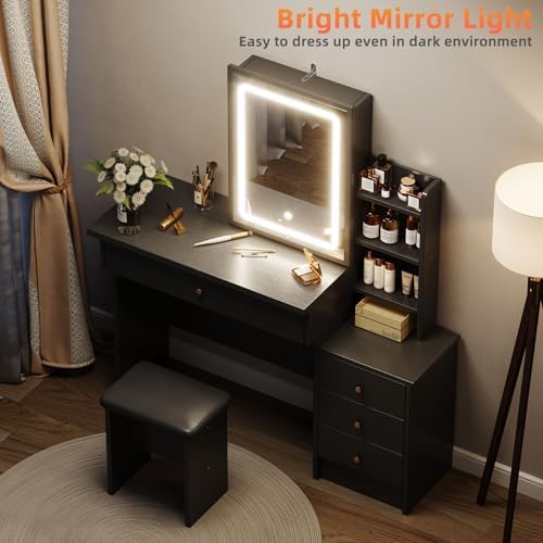 Black Vanity Desk with Sliding Mirror and Lights, Makeup Desk with Chair