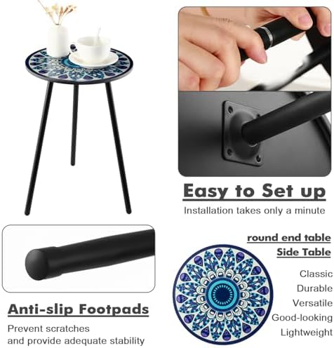 Outdoor Side Table Set of 2 Patio Side Tables for Outside Black End Tables Small Outdoor Table Round Patio End Table Metal Side Table Outside, Indoor, Living Room, Small Spaces, Midnight Feather