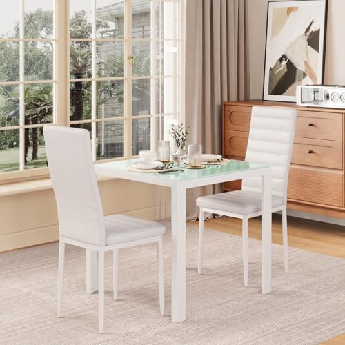 Gizoon 3 Piece Glass Dining Table Set, Kitchen Table and Chairs Set for 2