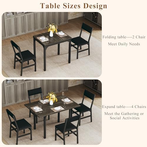HUAHUU Dining Table Set for 4, Extendable Kitchen Table Cushion Chairs Set of 4, Rectangle Dining Table with Metal Frame & MDF Board, Folding for Small Apartment Saving Space, Gray