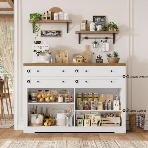 HOSTACK 55"W Kitchen Buffet Sideboard Cabinet with 4 Storage Drawers, White