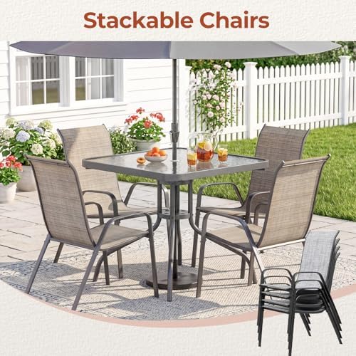 TLSUNNY 5 Pieces Patio Dining Set for 4, Glass Table and Textilene Chair