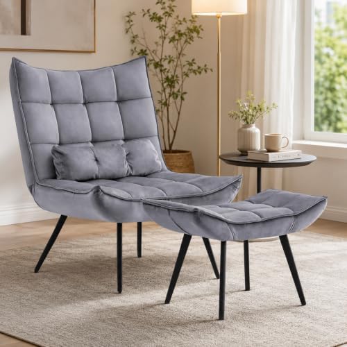 MCombo Accent Chair with Ottoman, Set of 2 Modern Velvet Wingback Reading Cha...