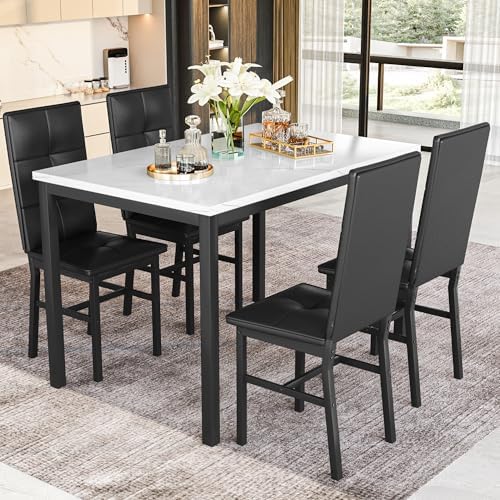 Hooseng Dining Table Set for 4, Faux Marble Small Kitchen Table with 4 PU Leather Chairs, Modern 5 Piece Dinner Table Set for Dining Room, Breakfast Nook, Samll Space, White & Black