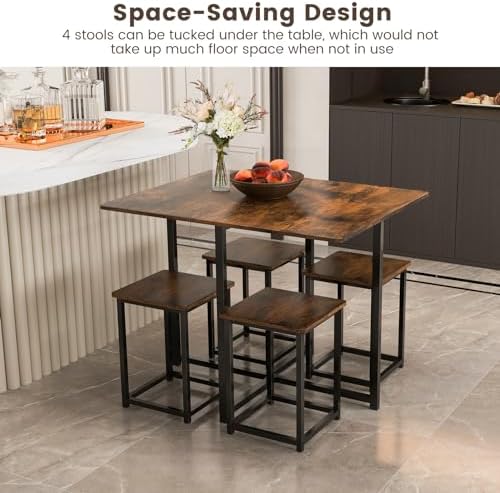 Tangkula Compact Dining Table Set for 4, Small Kitchen Table Set with Square Stools and Metal Frame, Perfect for Small Spaces, Home Kitchen Bar and Apartments