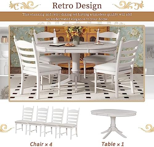 LUMISOL 5-Piece Solid Wood Dining Table Set for 4, Farmhouse Kitchen Table Set with Extendable Round Table & 4 Upholstered Chairs for Kitchen, Dining Room, Small Space, Antique White