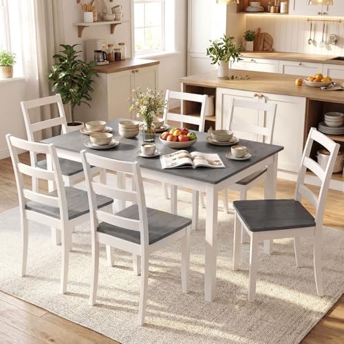 GIANTEX 7-Piece Dining Table Set for 6, Rectangular 60-inches Kitchen Table and 6 Dining Chairs with Rubber Wood Legs, Protective Foot Pads, Farmhouse Dinette Set for Dining Room, Restaurant (Gray)