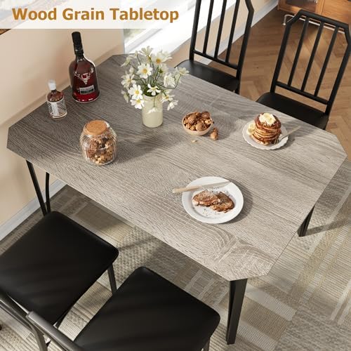 GAOMON 5-Piece Dining Table Set for 4, Modern Kitchen Table with Chamfered Design and Upholstered Chairs, Leather-Cushioned Seats for Small Spaces and Apartments, Space-Saving (Gray/Black,5 Pack)