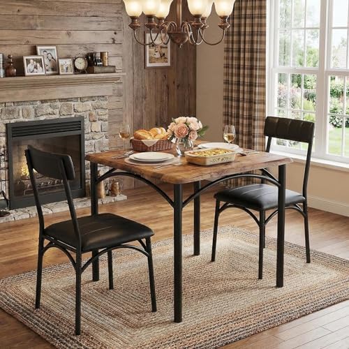 GAOMON Dining Table Set for 2, Kitchen Table and Chairs for 2 with Upholstered Chairs, 3 Piece Dining Room Table Set, Square Kitchen Table Set for Small Space, Apartment, Studio, Rustic Brown