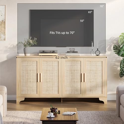 GarveeHome 4-Door Sideboard Buffet Cabinet, Natural Rattan Storage Cabinet, Boho Entryway Console Table, Coffee Bar Station for Dinning Room, Living Room, Kitchen
