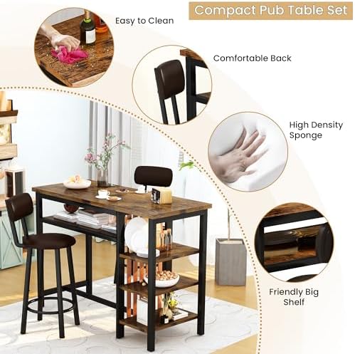 Bar Table and Chairs Set, 47'' Counter Height Dining Table Set with Storage