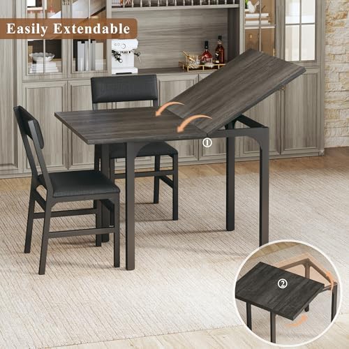 HUAHUU Dining Table Set for 4, Extendable Kitchen Table Cushion Chairs Set of 4, Rectangle Dining Table with Metal Frame & MDF Board, Folding for Small Apartment Saving Space, Gray