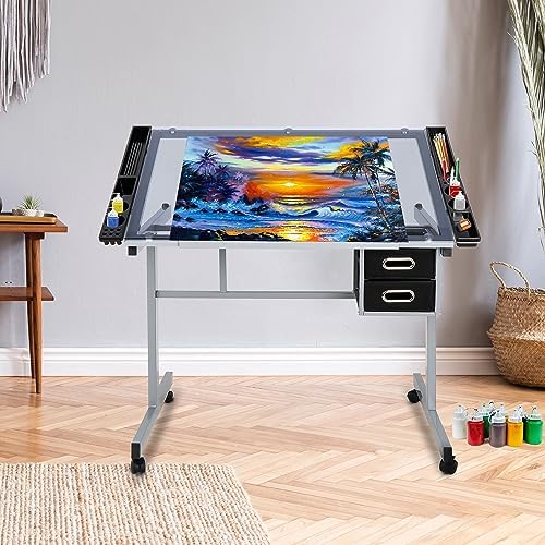 Nova Microdermabrasion Glass Top Drafting Table with Storage, Adjustable Drawing Desk Rolling Art Craft Station Writing Work Table with Drawers & Wheels