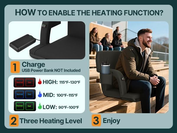 HOPERAN 23in Heated Stadium Seats for Bleachers, Dual Control, 2 PCS, Black