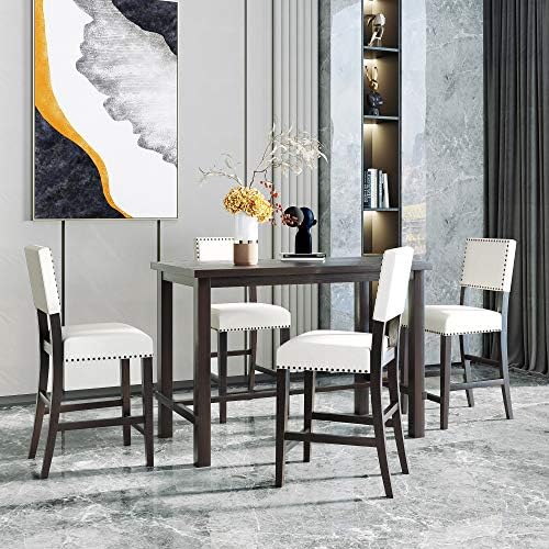 Merax 5 Pieces Counter Height Dining Set, Elegant Wooden Desk and 4 Upholstered Chairs, Perfect for Kitchen, Breakfast Nook, Bar, Living Room