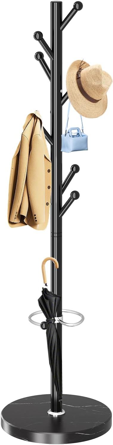 OIRUMIE Coat Rack,Coat Rack Stand with 8 Hooks Umbrella Hoolder Marble Base