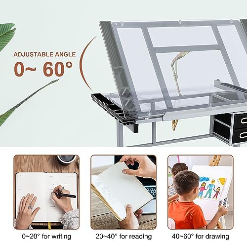 Nova Microdermabrasion Glass Top Drafting Table with Storage, Adjustable Drawing Desk Rolling Art Craft Station Writing Work Table with Drawers & Wheels