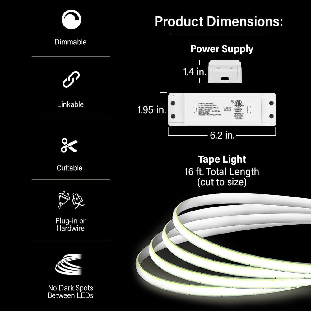 Feit Electric 16 ft COB LED Tape Light, 3000K, Remote Dimming, Plug-in