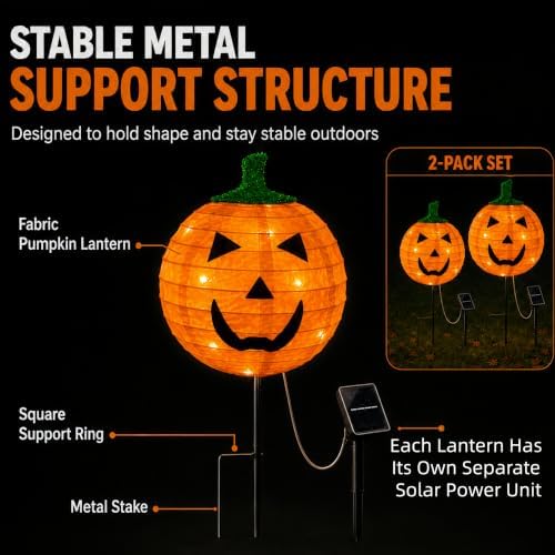 4Pack Solar Halloween Pumpkin Stake Light with 8 Lighting Modes, Fabric Lantern Yard Decor with Metal Stand, Foldable Pumpkin Garden Lights for Lawn, Patio, Pathway, and Halloween Party Decorations