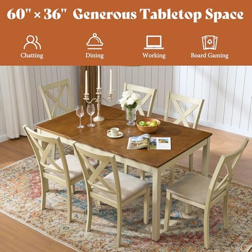 AMERLIFE 7-Piece Farmhouse Solid Wood Dining Table Set for 6, Rustic Cream