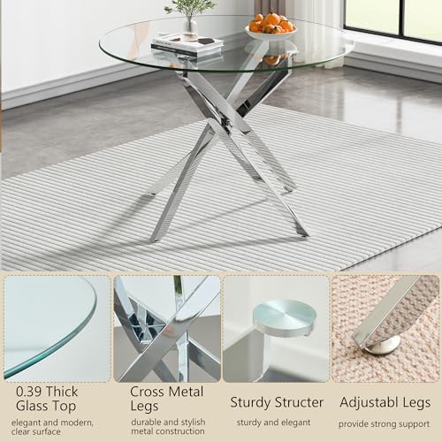 HomVent 36''Silver Round Glass Dining Table Set for 4 for Family Gathering