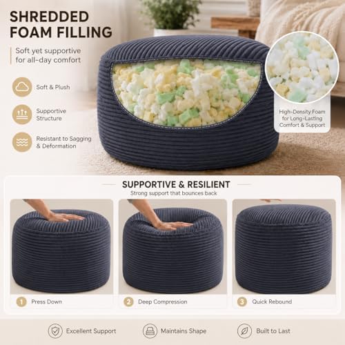 Round Stuffed Pouf Ottoman, Foot Stool Ottoman,Corduroy Poufs with Foam Chunk Filling, Furry and Fluffy Storage Ottomans, 26 X 18 Floor Poufs Foot Rest for Living Room,Gray