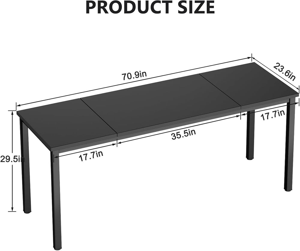 DlandHome 71 inches Large Computer Desk, Black, Metal Frame, 23.6 in Wide