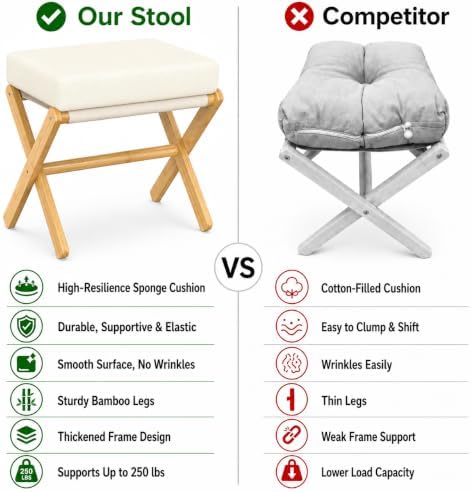 BAMBOOHOMIE Foldable Foot Stool Ottoman, Modern Foot Rest with Bamboo X Legs & Thick Foam Cushion, Folding Foot Stools Small Padded for Bedroom Living Room, Footstool for Chair Couch (Natural - Beige)