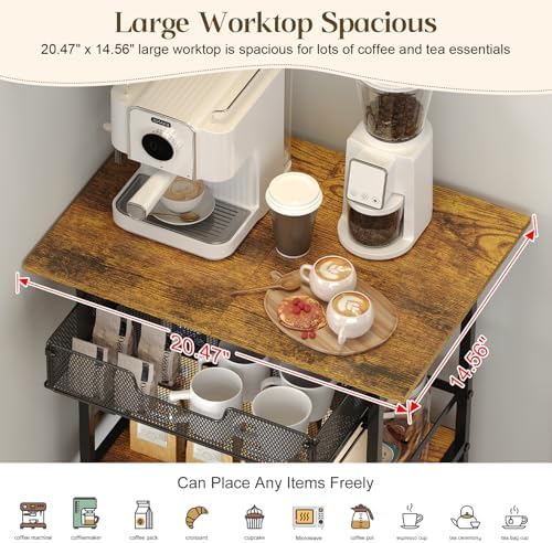 3 Tier Slim Rolling Coffee Cart with 2-Door & Pull-Out Wire Basket Drawer, Coffee Bar Cabinet on Lockable Casters, 32.7" H Microwave Cart with Storage for Home, Kitchen, Living Room (Rustic Brown)