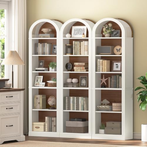 RALGEND Arched Bookshelf, 75.8" Tall Narrow Bookshelf, Arch Bookcase with Storage, 6-Tier Farmhouse Book Shelf, Wooden Arched Cabinet with Open Display Shelves, Adjustable Shelf, Walnut and White