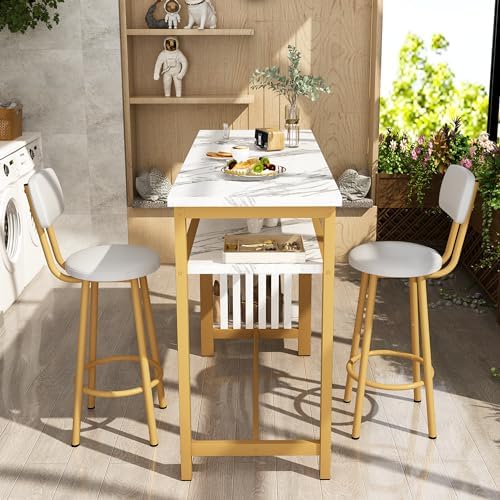 AWQM 3-Piece Bar Table and Chairs Set, Modern White Faux Marble Table with 2 PU Cushion Bar Stools, Kitchen Counter with 3 Tier Storage Shelves, Space Saving Table for Home & Kitchen, White & Gold